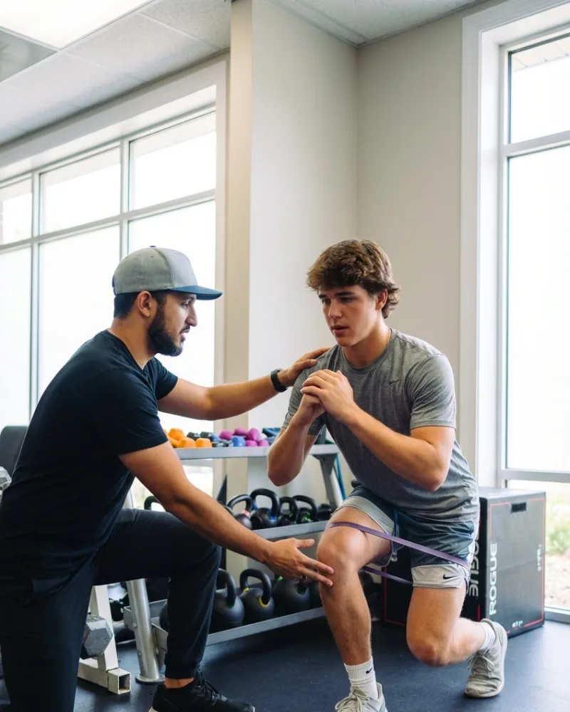 A Complete Athlete clinician coaching a patient through a banded split-squat exercise in the clinic's training area
