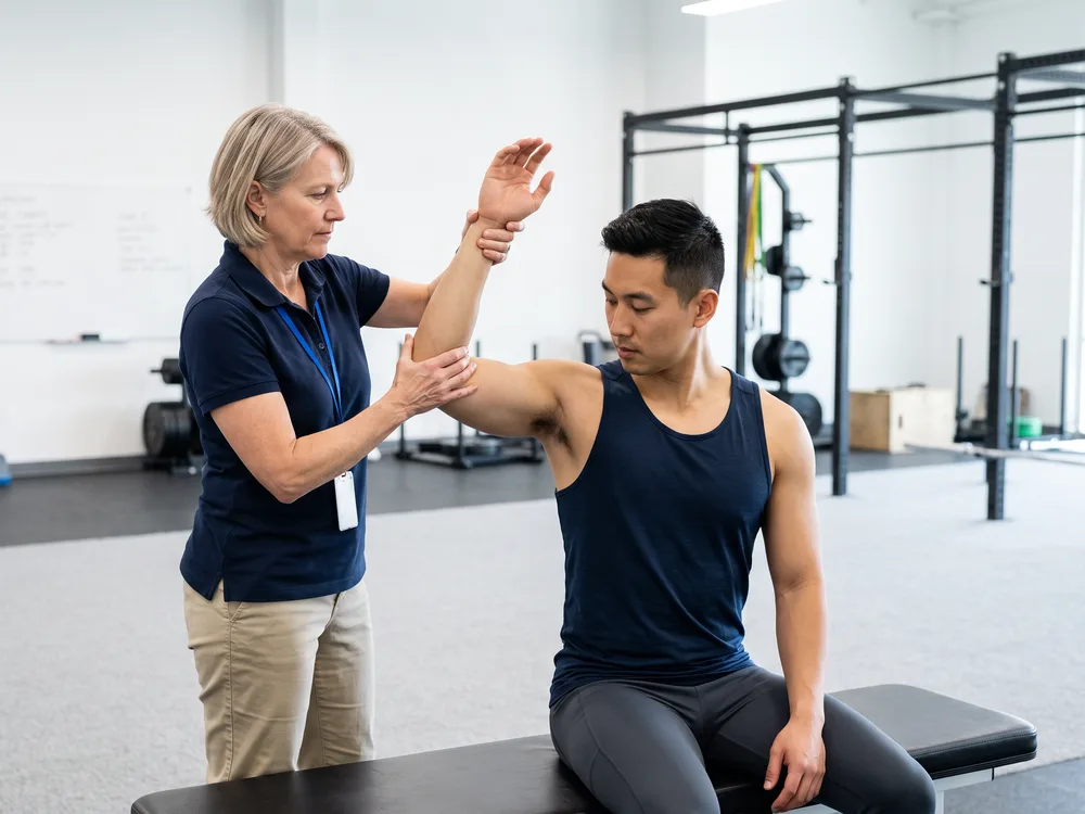A physical therapist raises a seated athlete's arm overhead to assess shoulder range of motion during a throwing-injury evaluation.