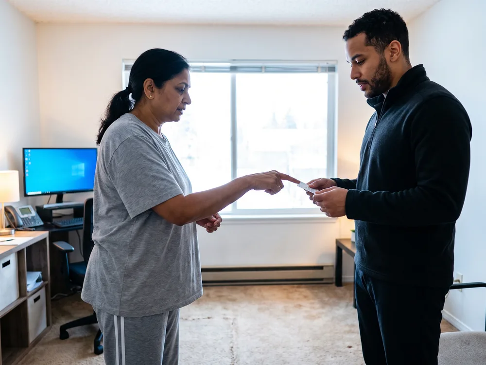 A physical therapist guides a patient through a near-point gaze and balance exercise used in vestibular rehab