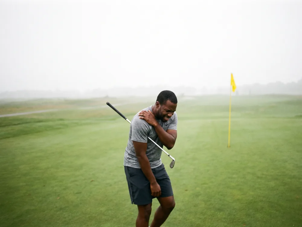 A golfer on the course grips his shoulder in pain mid-round, the kind of swing-driven strain that golf injury rehab addresses.