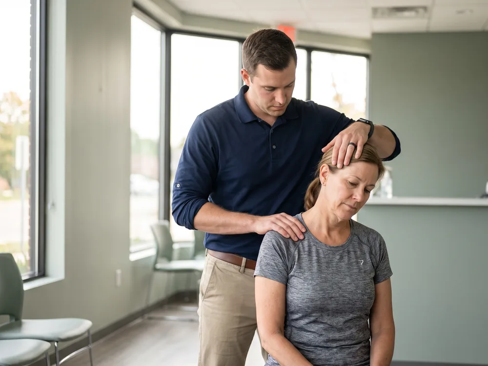 A physical therapist gently guides a seated patient's head and neck through a mobility assessment for neck pain.