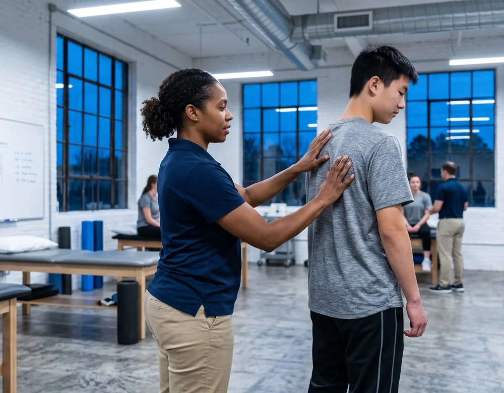 A physical therapist assesses a patient's shoulder and upper back mobility during a standing movement evaluation