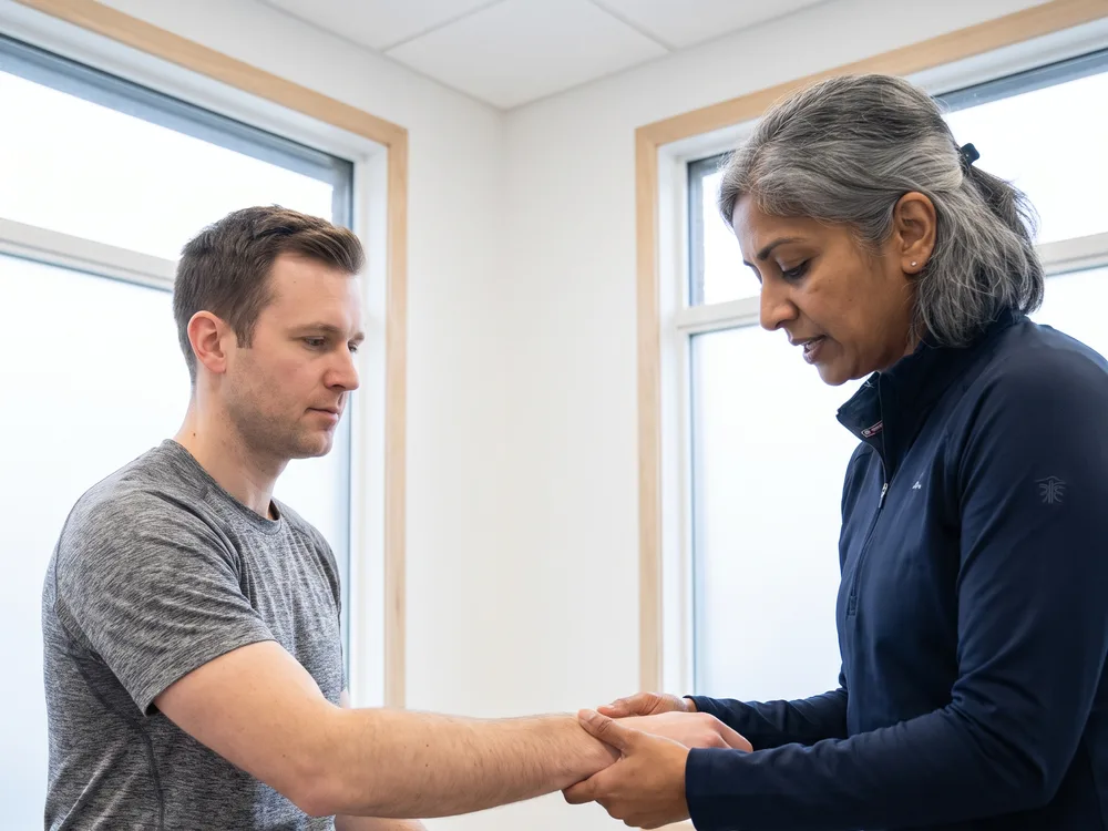 A therapist holds sustained tension on a patient's forearm with both hands while the patient stays relaxed, the setup used to apply Active Release Technique before the patient moves the limb through range.