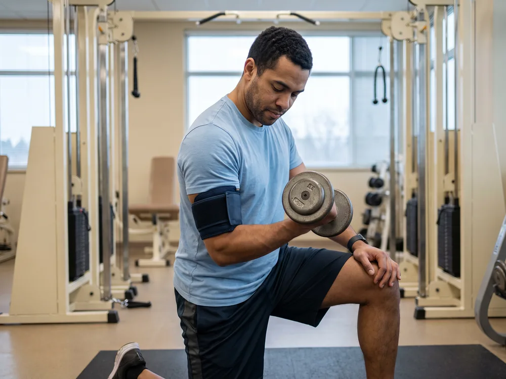 A patient performs a dumbbell curl in the clinic gym while wearing a pneumatic blood flow restriction cuff on his upper arm.