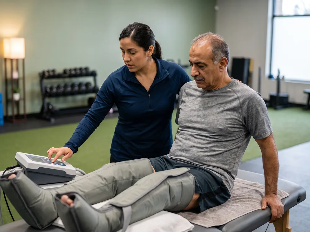 A therapist adjusts the control unit for pneumatic compression boots wrapped around a patient's legs as he reclines on a treatment table.
