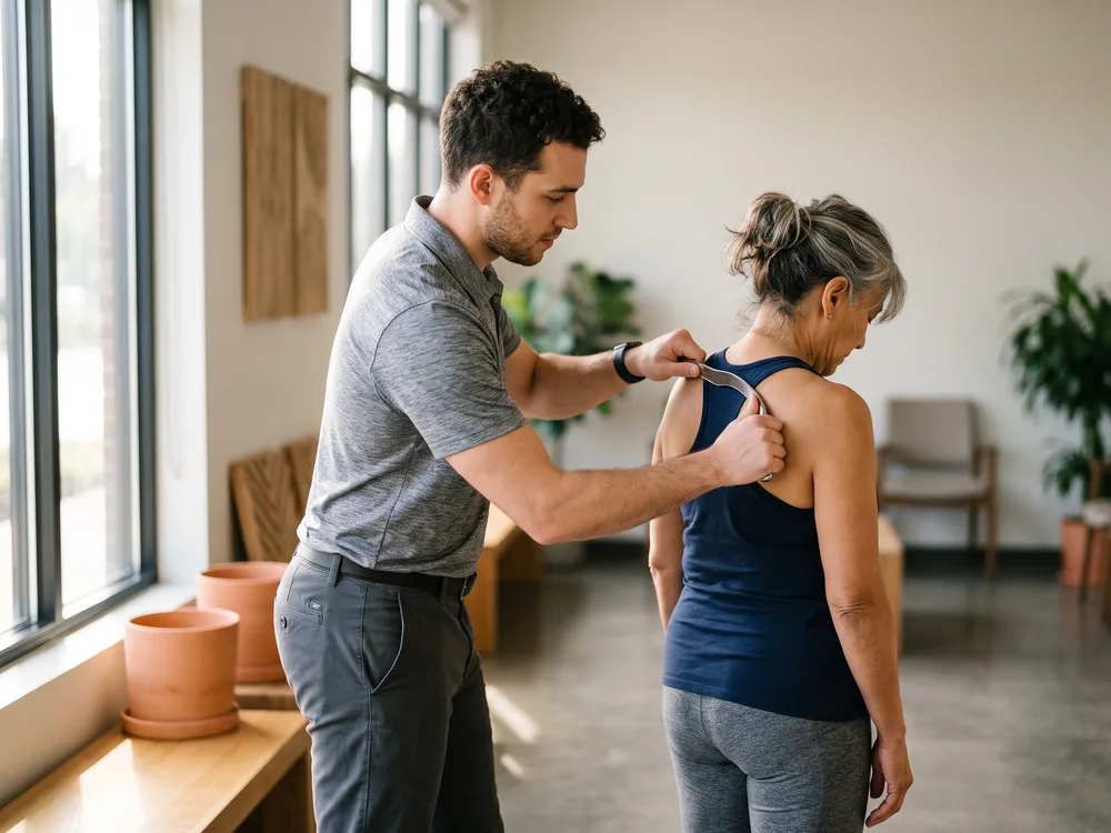 A therapist uses a stainless steel Graston instrument to treat the upper back and shoulder of a standing patient.