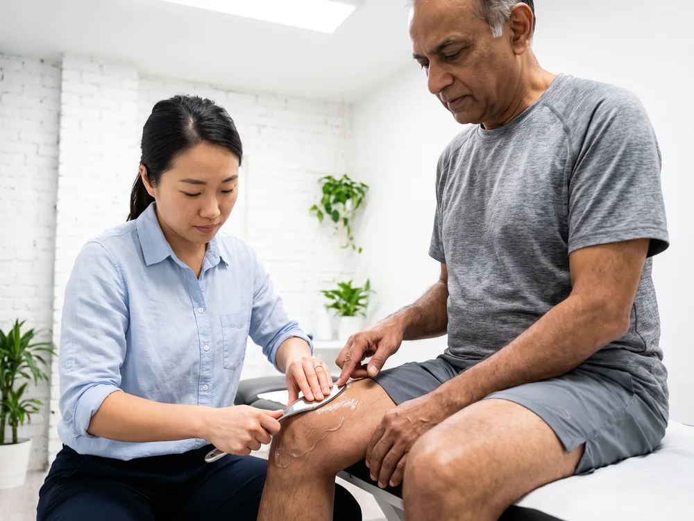 A therapist glides a metal IASTM instrument across a patient's knee with lubricant, treating the soft tissue around the joint.
