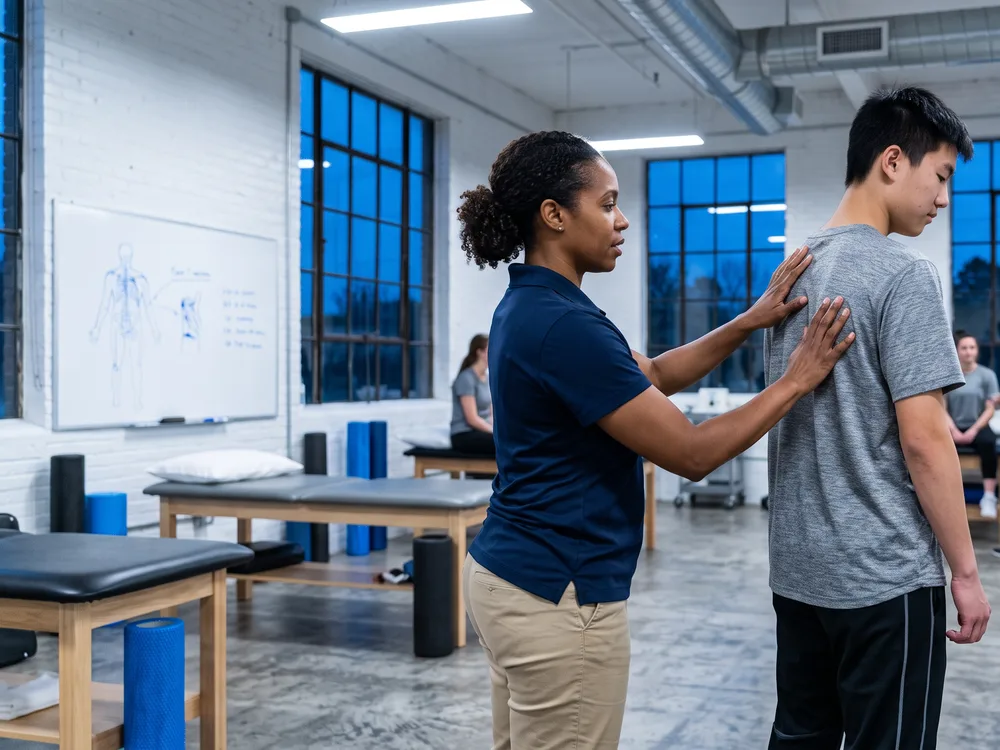 A physical therapist places both hands on a standing patient's upper back to assess spinal segment mobility before treatment.