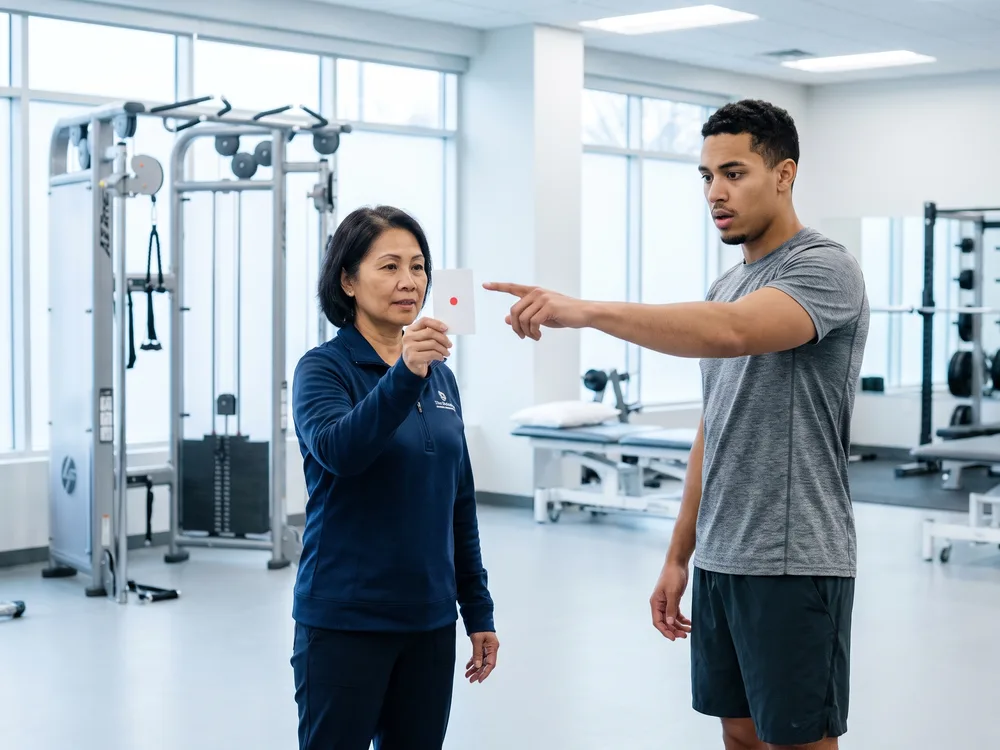 A clinician holds up a target card with a red dot while a patient points at it, a gaze-stabilization drill used in vestibular therapy.